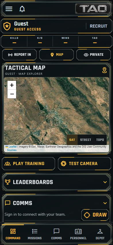 TAO beta Command screen with a tactical map, training, camera, leaderboards and Comms